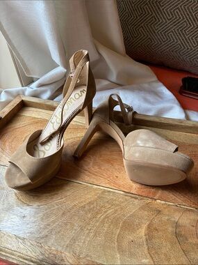Sam Edelman Tan Suede Platform Peep-Toe Ankle Strap Heels